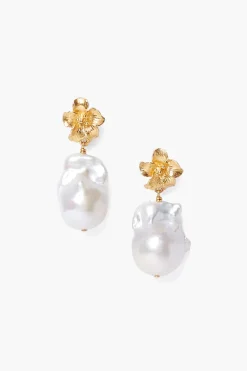 Chan Luu Gold Hibiscus Pearl Drop Earrings