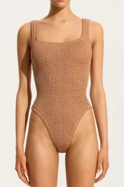 HUNZA G Square neck one-piece in metallic cocoa