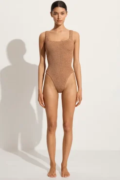 HUNZA G Square neck one-piece in metallic cocoa