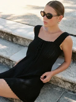 Peony Pointelle Scalloped Strap Mini Dress - Noir